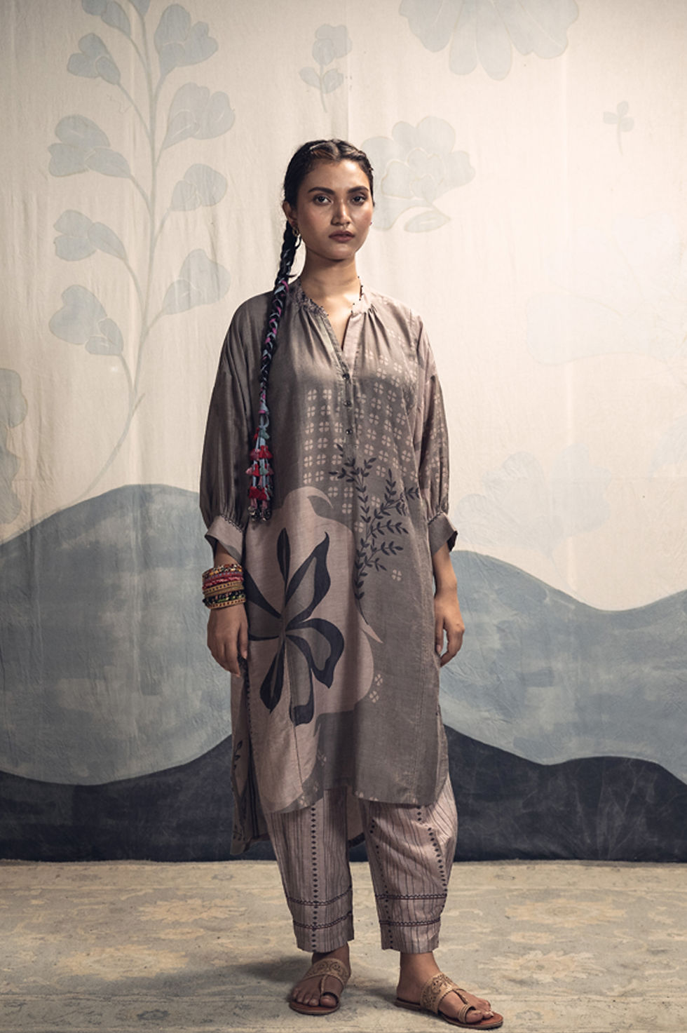 Thumbnail: Grey and charcoal hand woven, hand printed Silvia silk cotton long antifit shirt