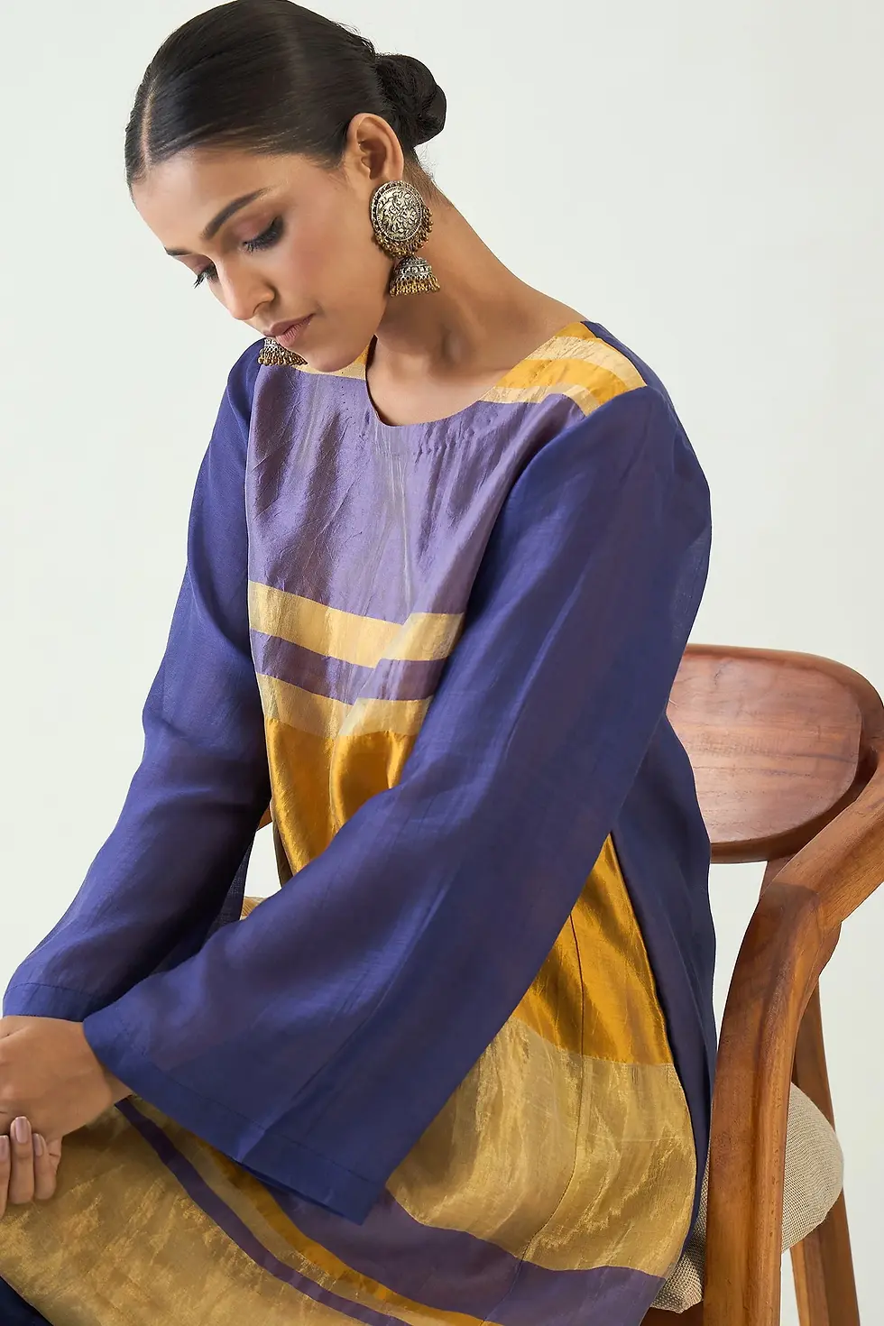 Thumbnail: Mira Silk Stripe Tissue Tunic Set- Purple/mustard
