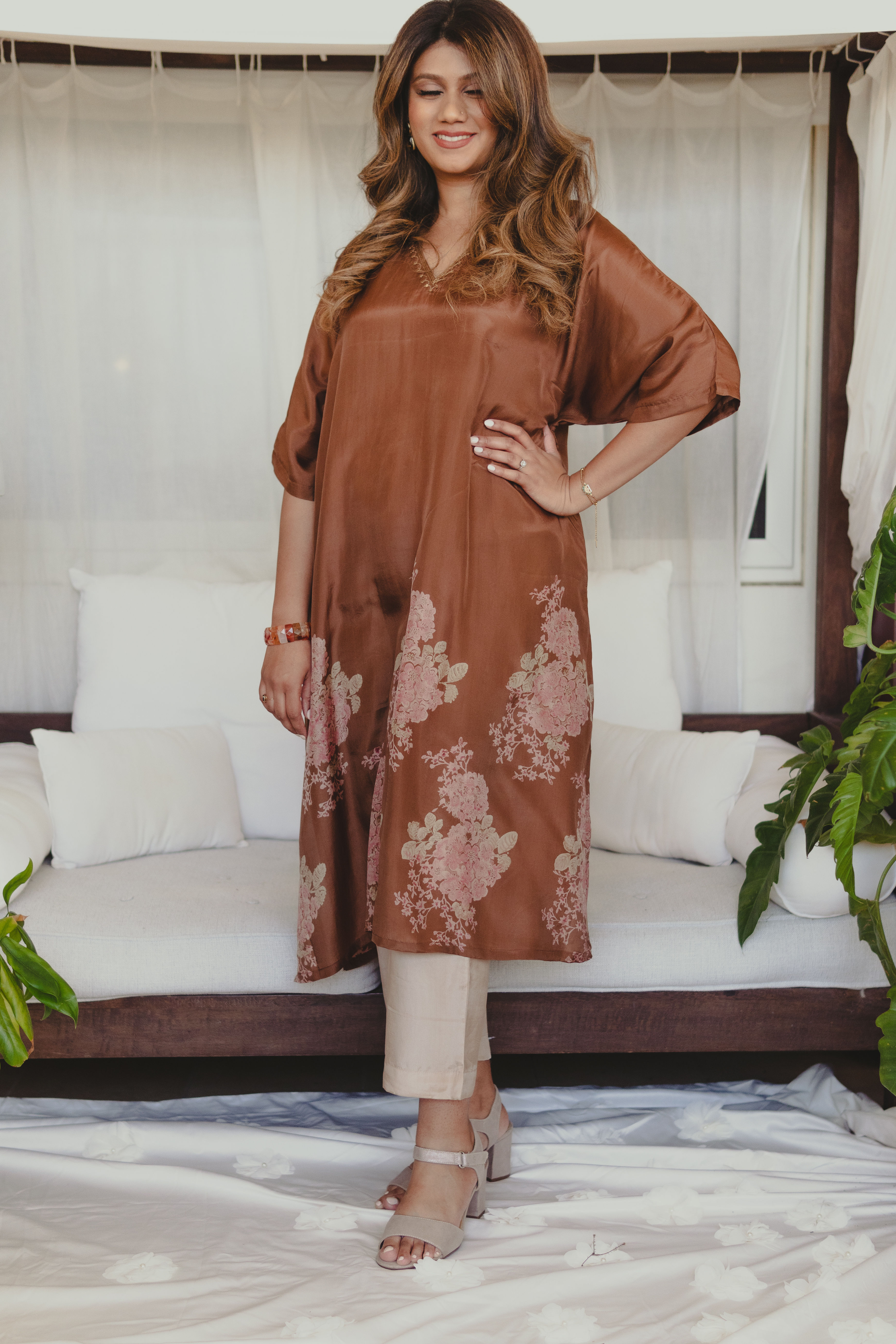 Silk V neck kaftan pant set with embroidery neckline - Copper Brown