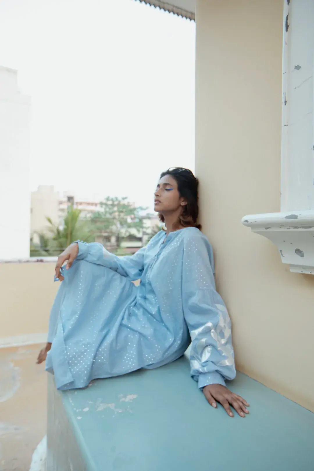 Foil Printed Kurta in Mulmul -  Sky Blue