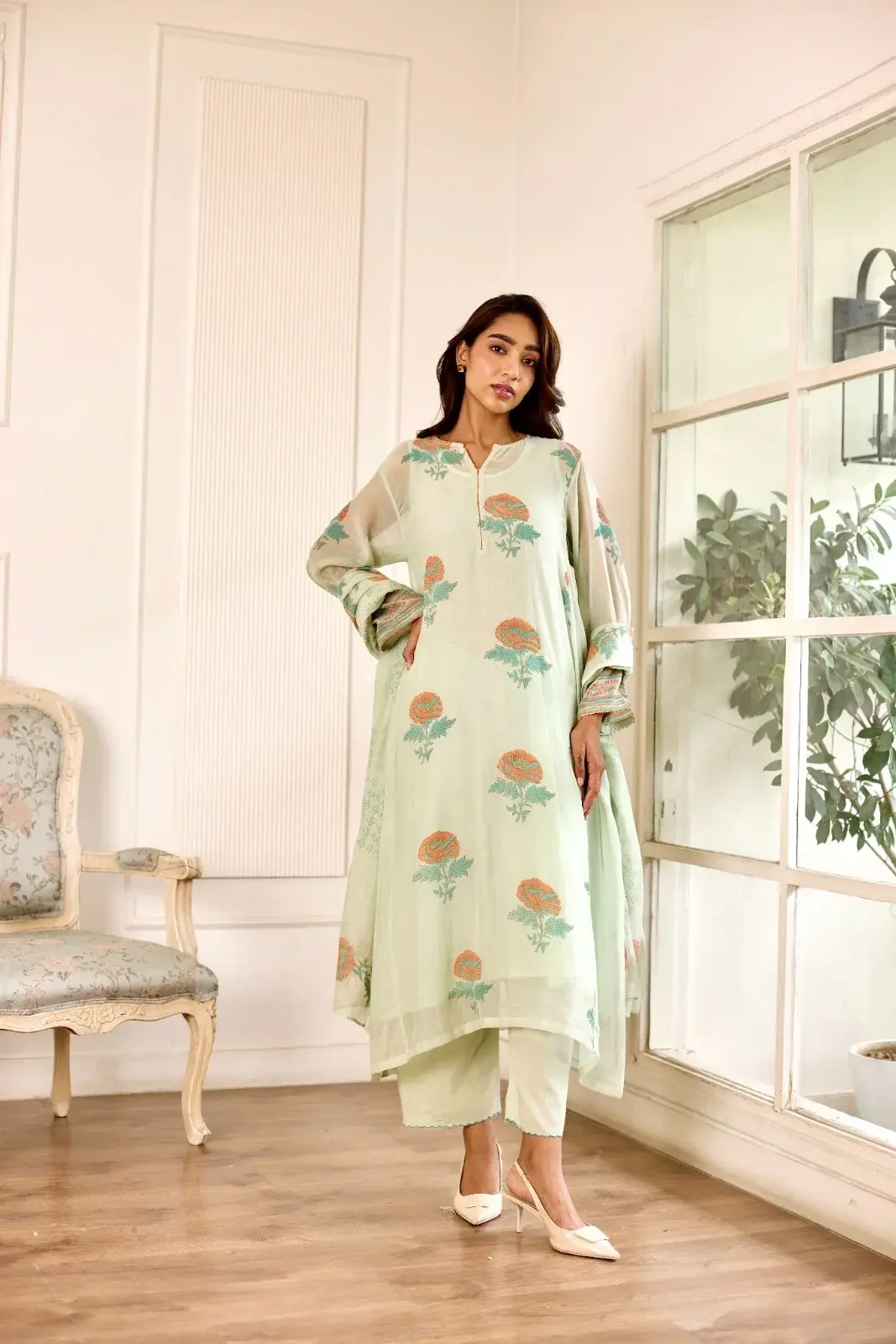 Gulbagh Sea Green Hand Block Printed Chanderi Kurta Set