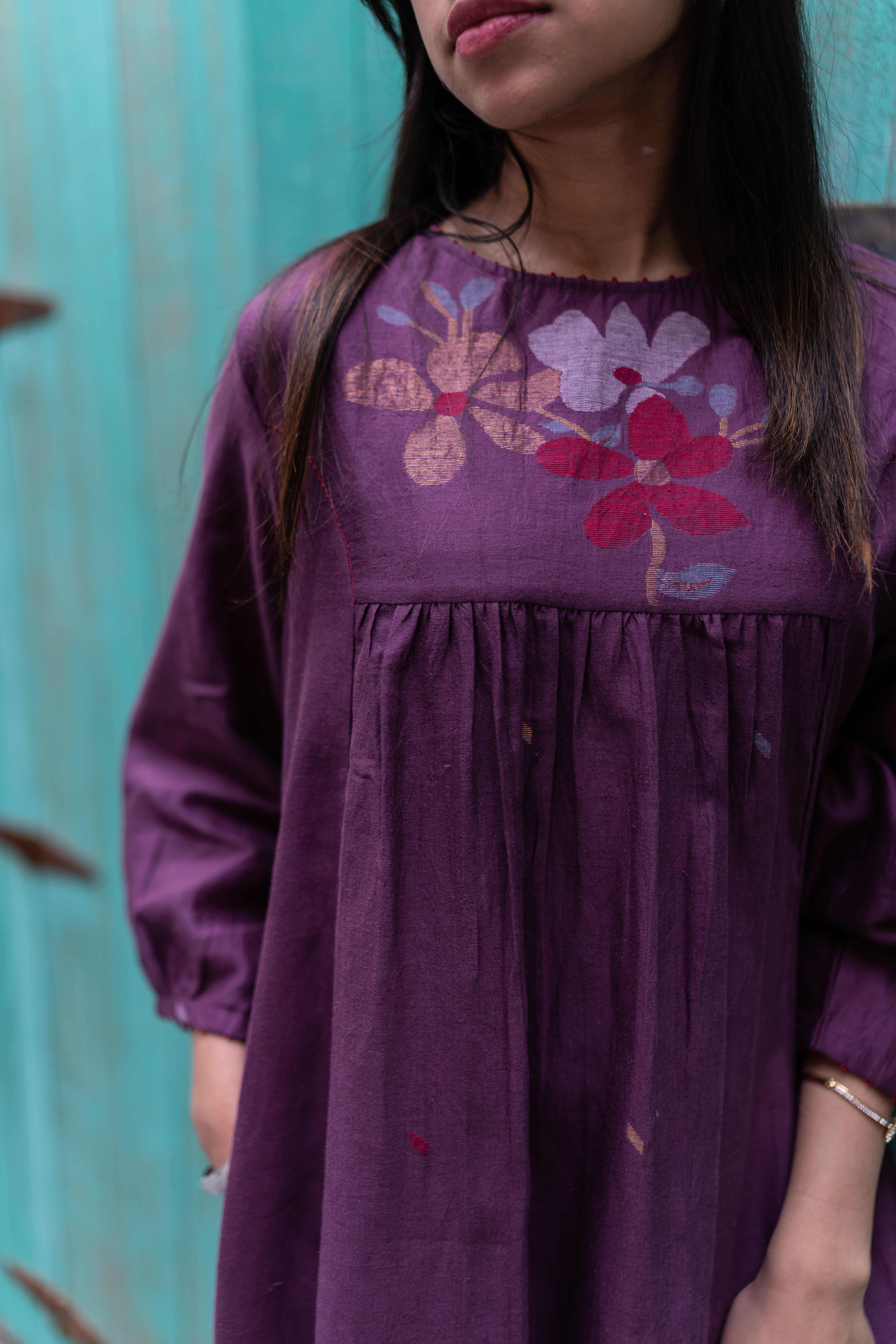 High yoke dress tunic with jamdhani - Plum Purple