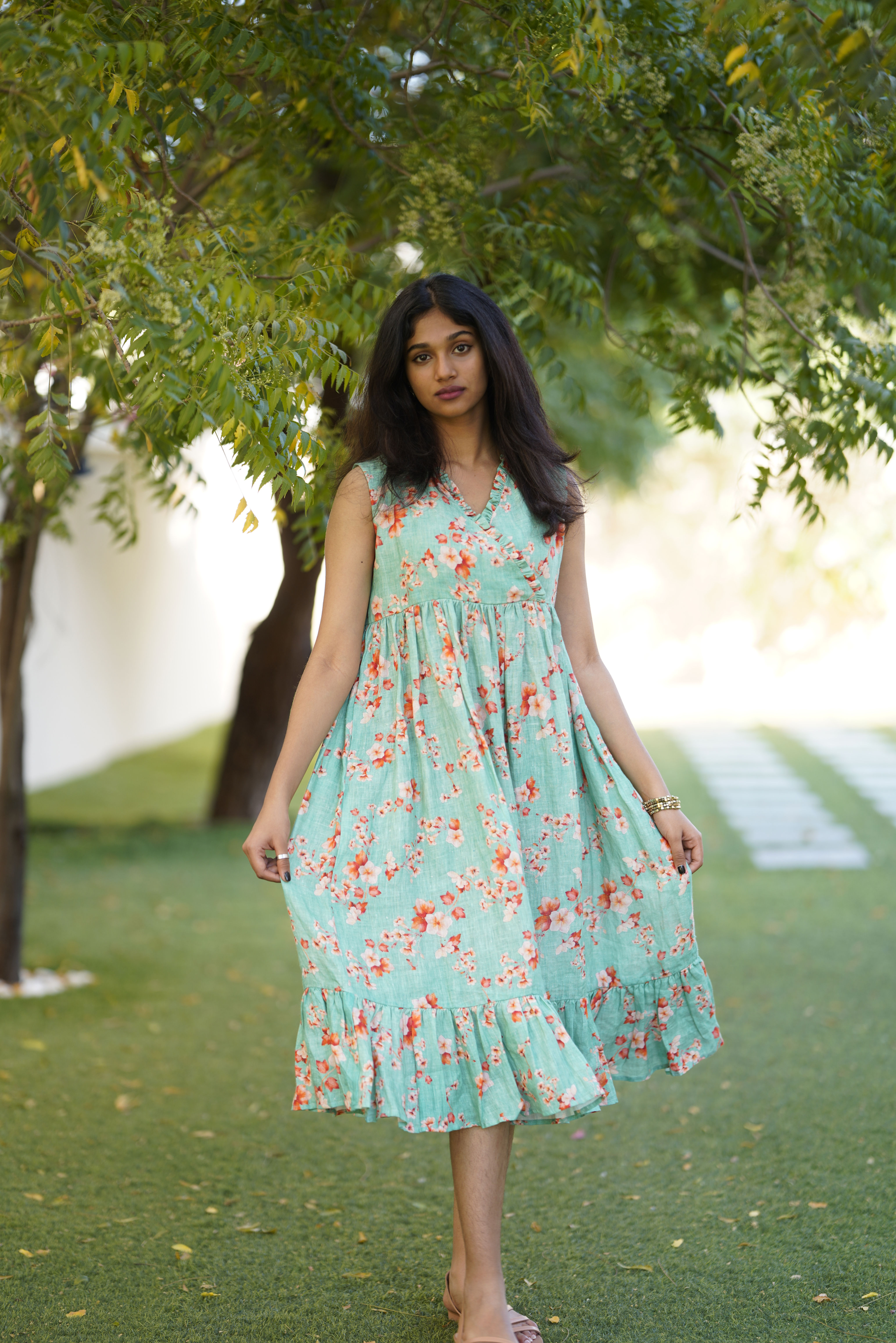 Gathers Dress - Aqua - - Sleeveless