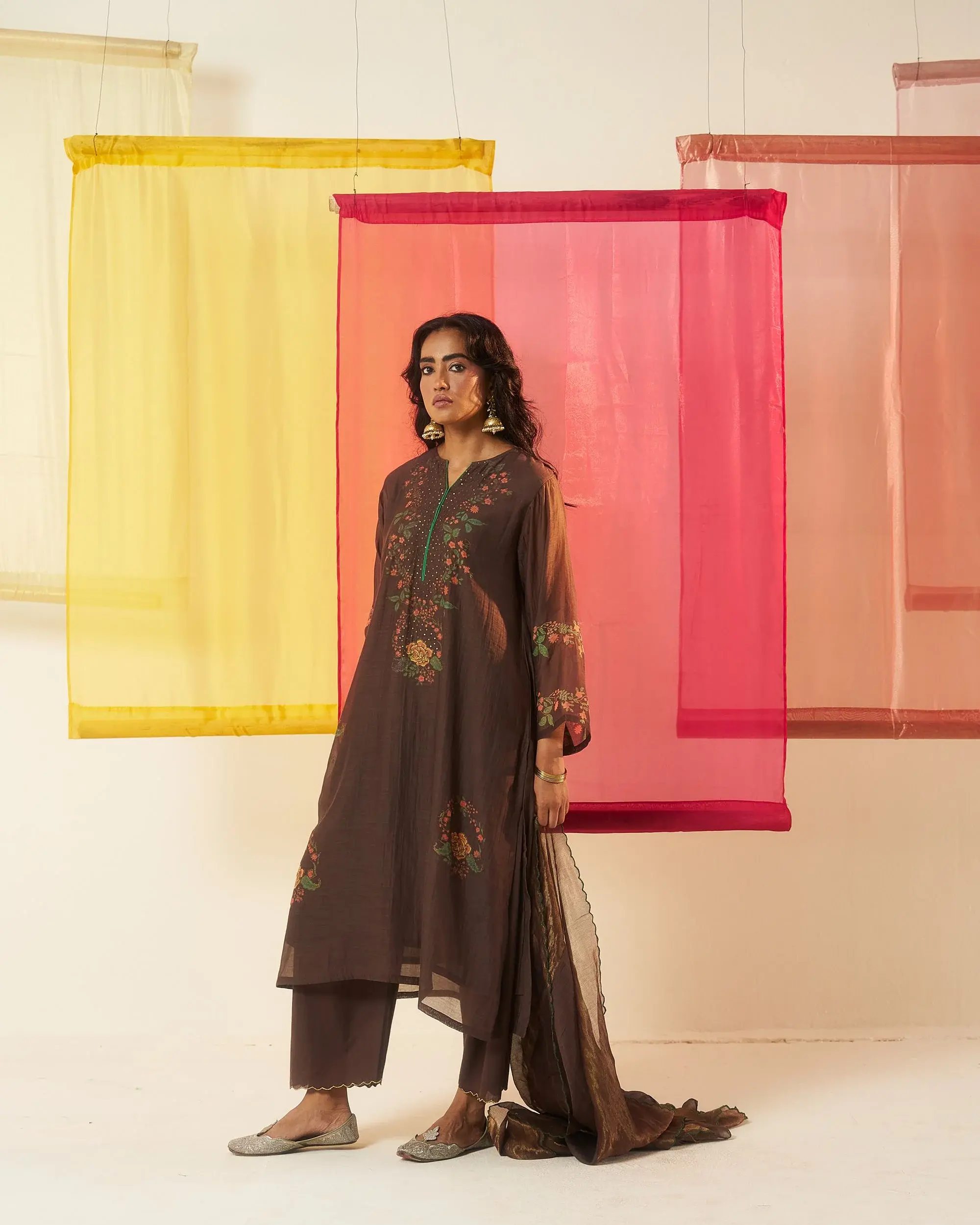 Sitara Brown Hand Block Printed Sequin Work Chanderi Kurta Set