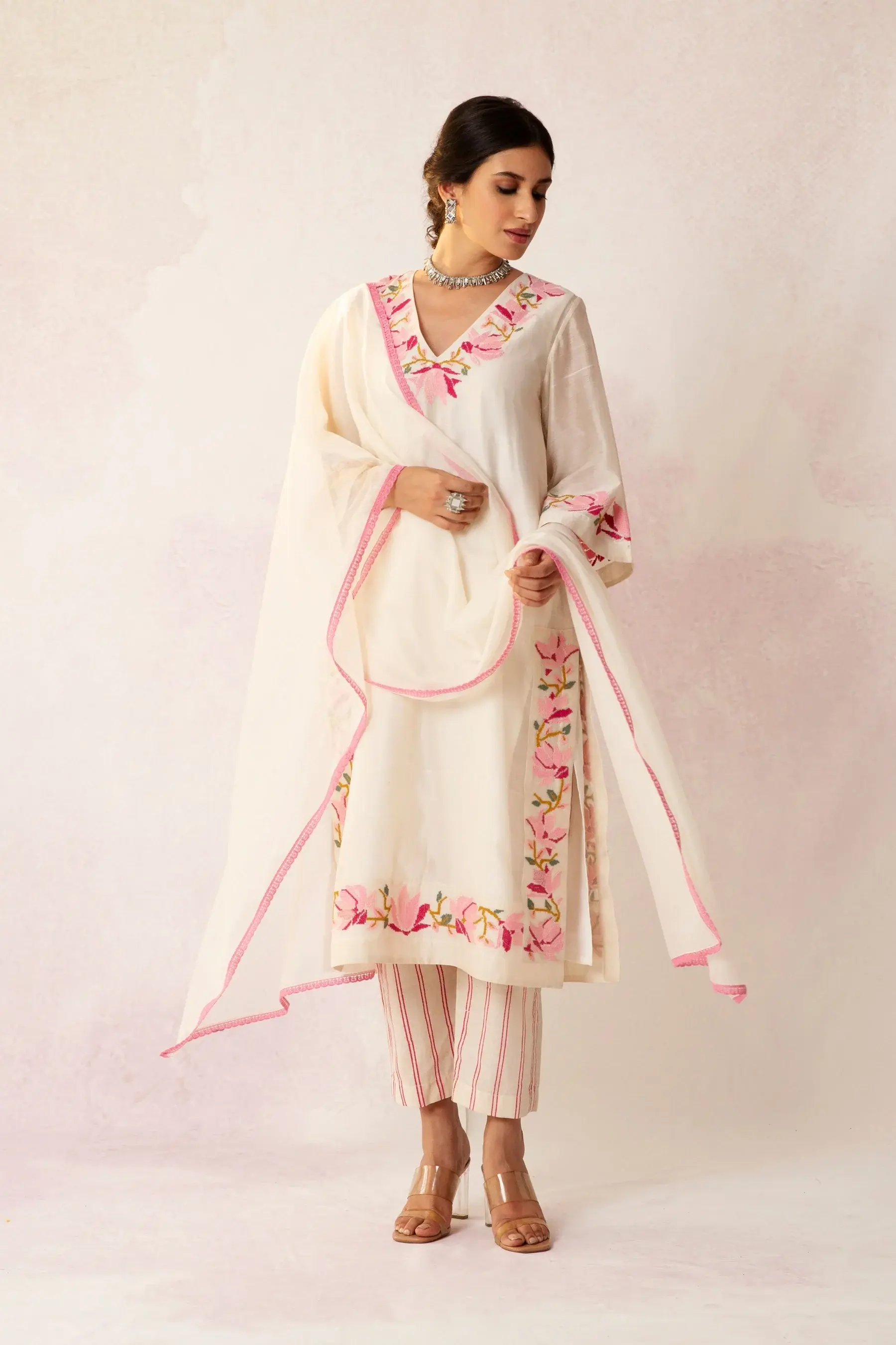 Bahaar Ivory Floral Chanderi V-neck Kurta Set