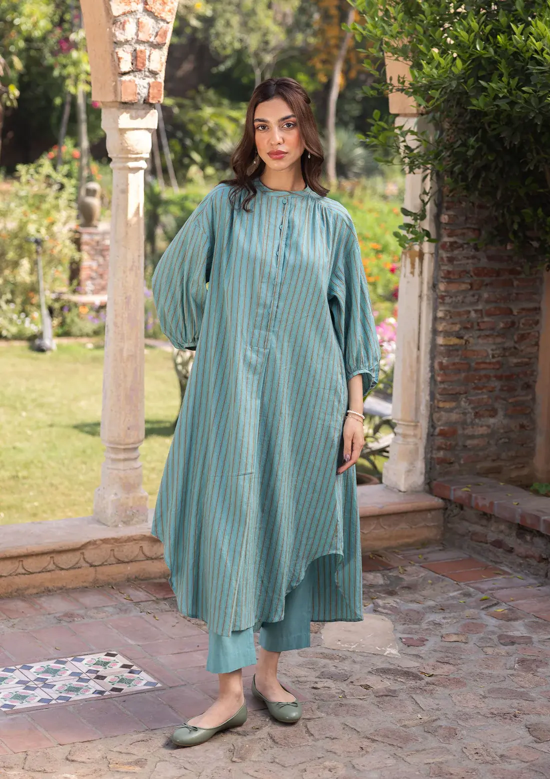 Lost-in-Time Striped Teal Kurta Set