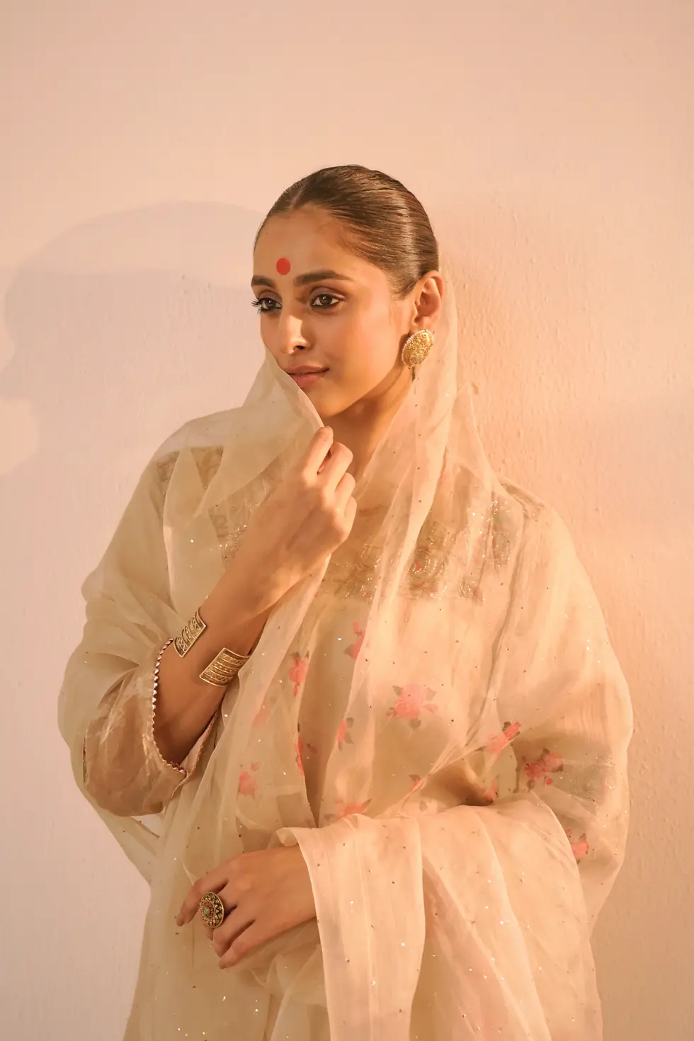 Thumbnail: Surmayee Beige Mukaish Chanderi Kurta Set With Zardosi And Thread Work