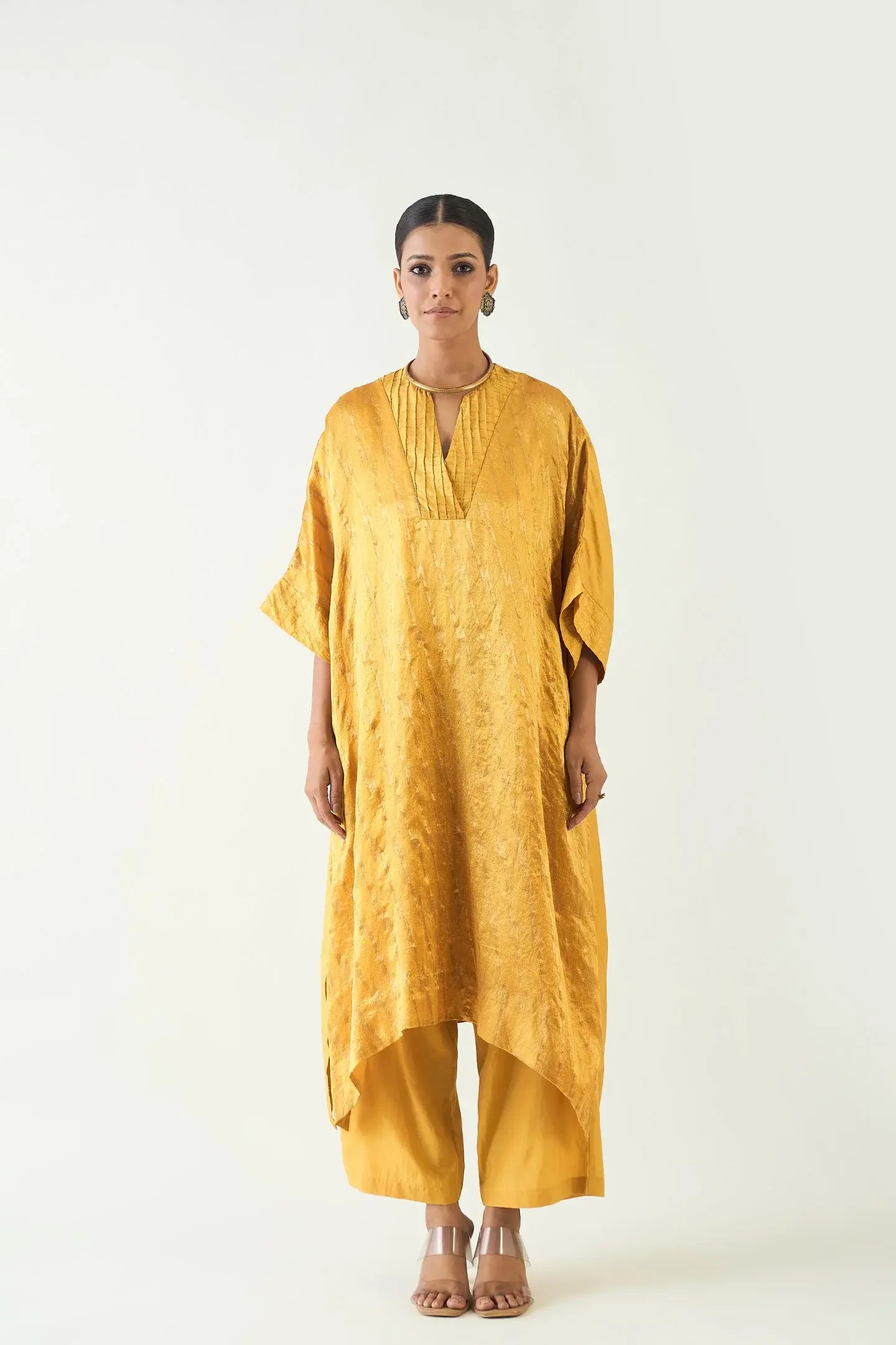 Damani Silk With Gold Weave Kimono Kaftan Set - Mustard