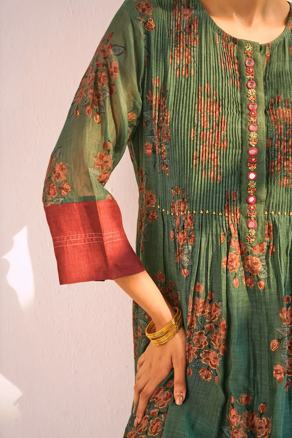 Thumbnail: Mogra Aqua Hand Block Printed Pintuck Chanderi Kurta Set