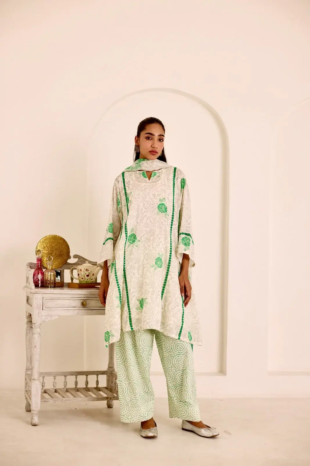 Rose Ivory-Green Hand Block Printed Mulmul Choga Set