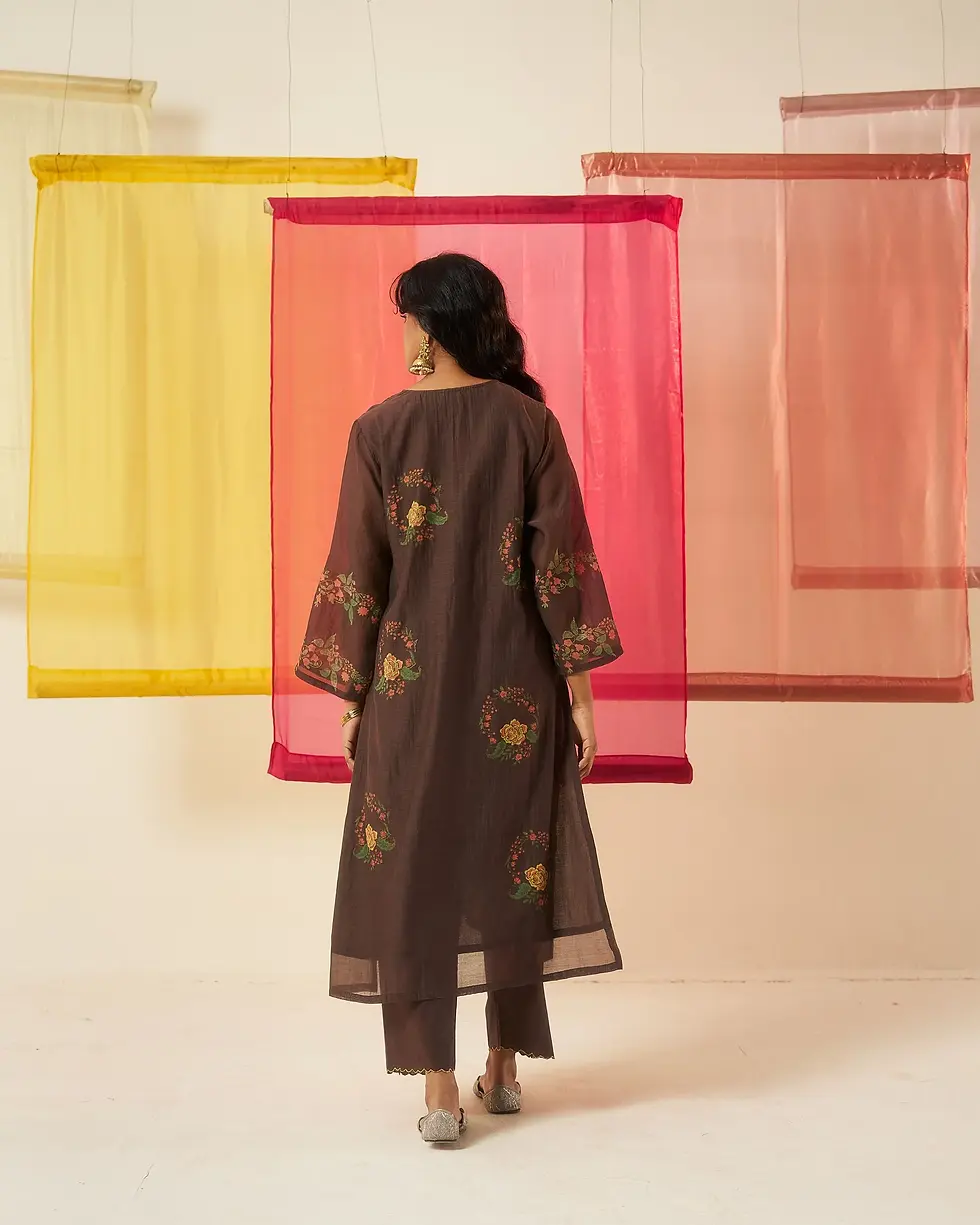 Thumbnail: Sitara Brown Hand Block Printed Sequin Work Chanderi Kurta Set