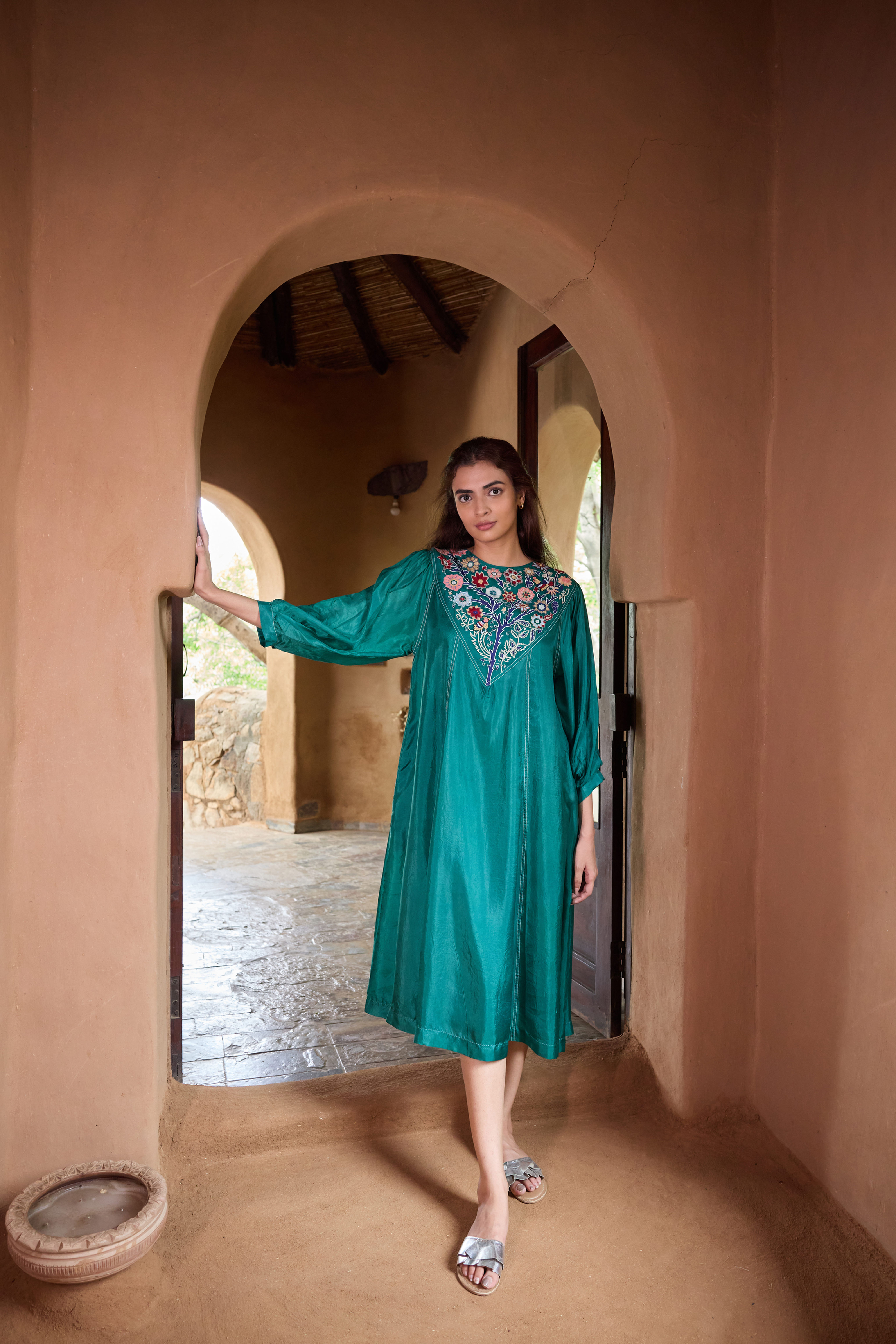 Julian Resham Yoke Embroidered Kurta Set -Green