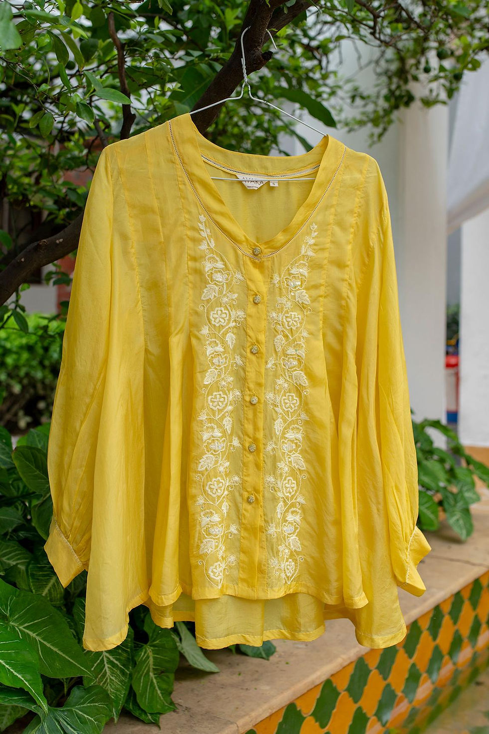 Thumbnail: Silk hand embroidered Top - Canary