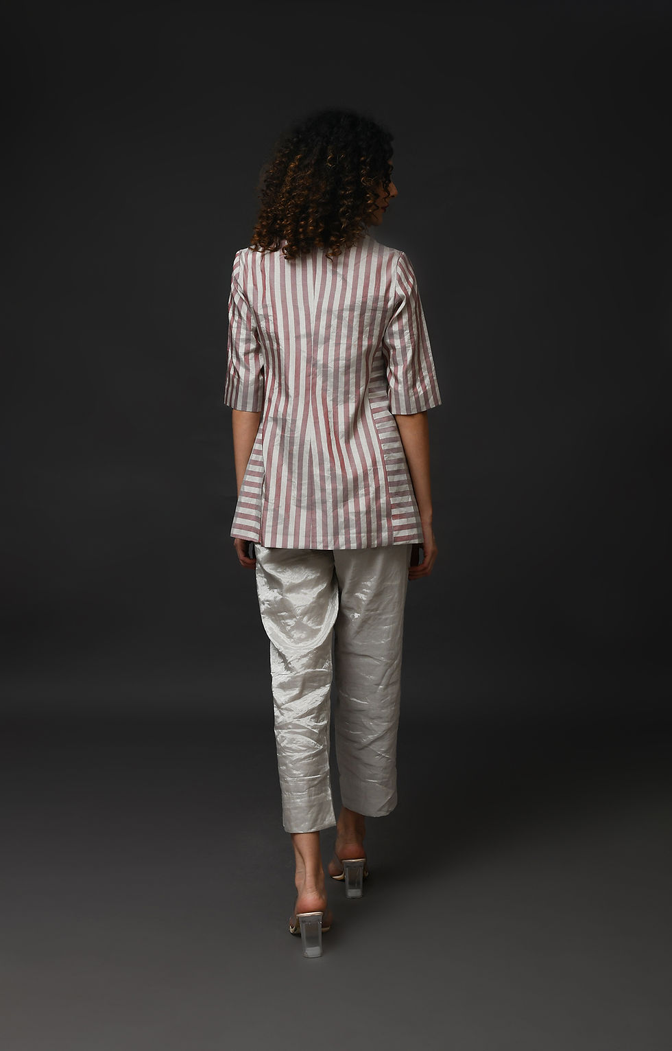 Thumbnail: Striped Tissue Blazer- Silver and Pink