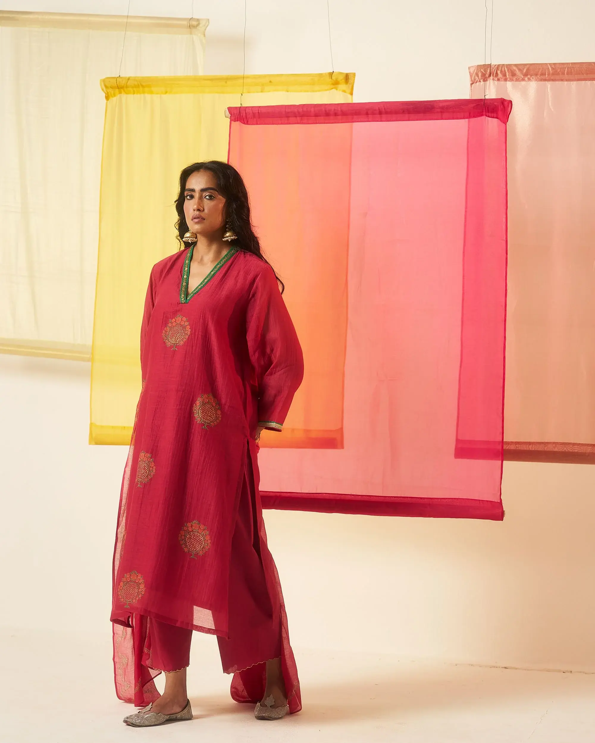 Mehraab Fuschia Hand Block Printed Chanderi Dabka Work Kurta Set