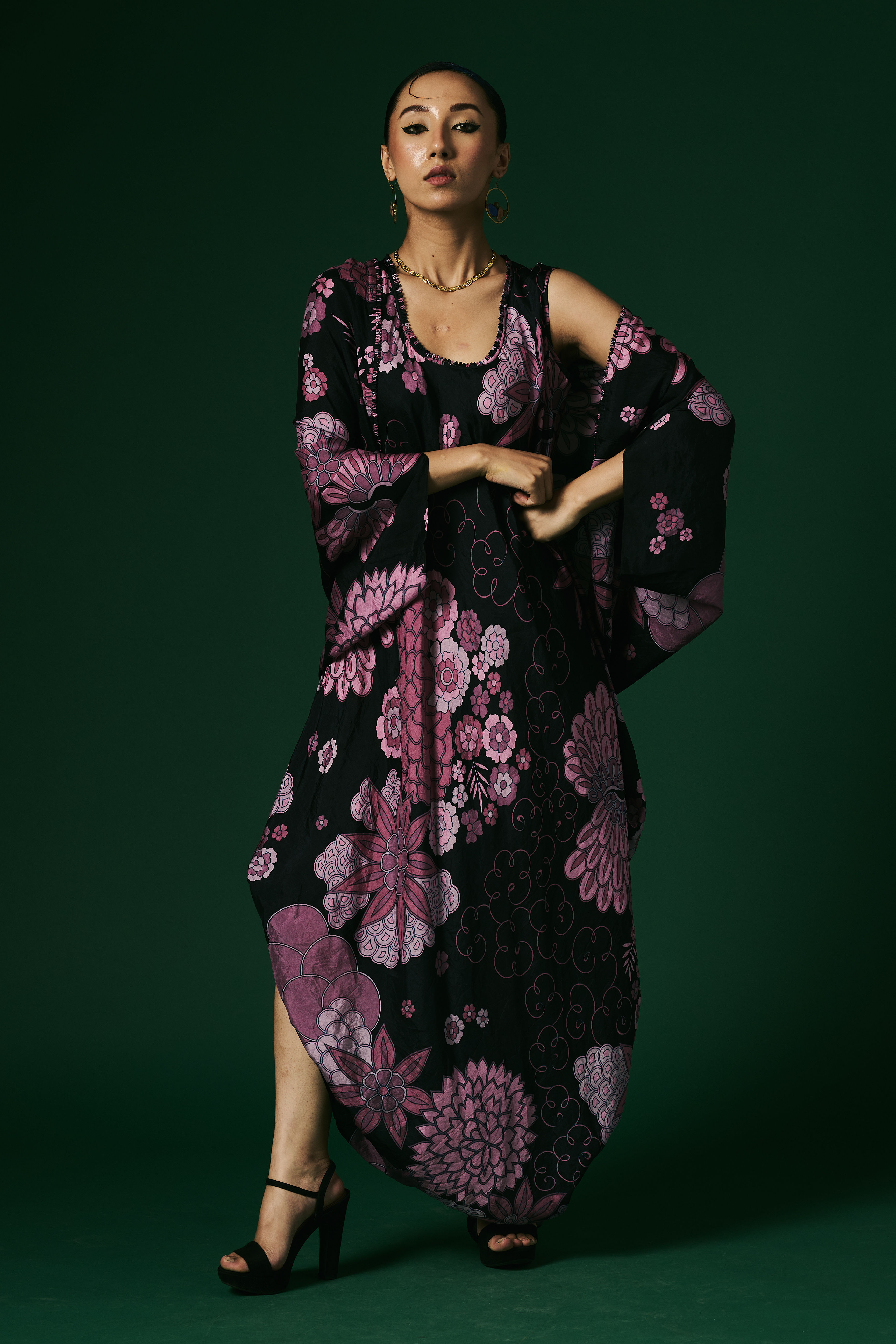 Charcoal and pink Zinnia mulberry silk draped dress paired with cape