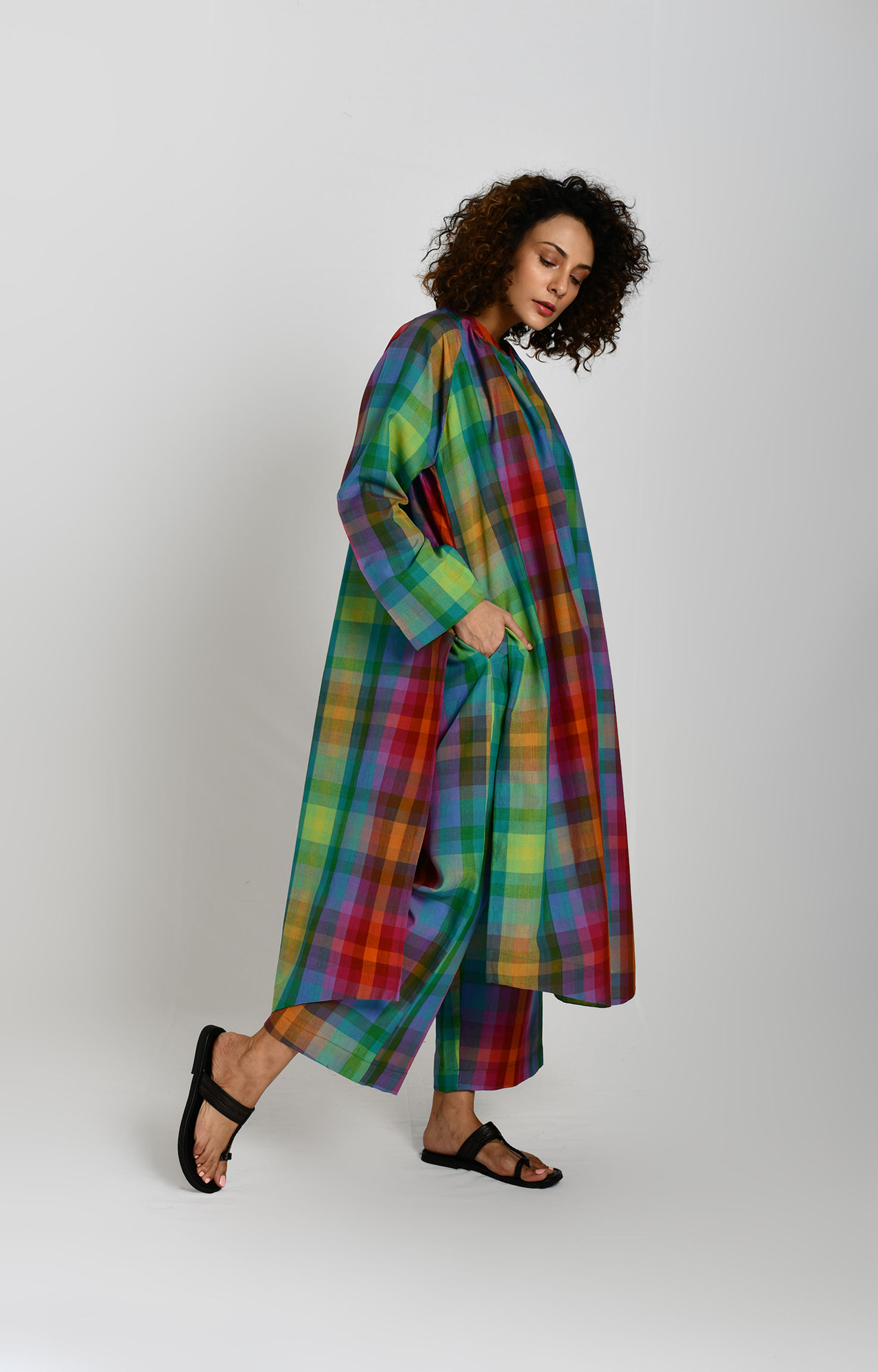 Madras Checks Neck Gather Co-ord Set- Multicolor
