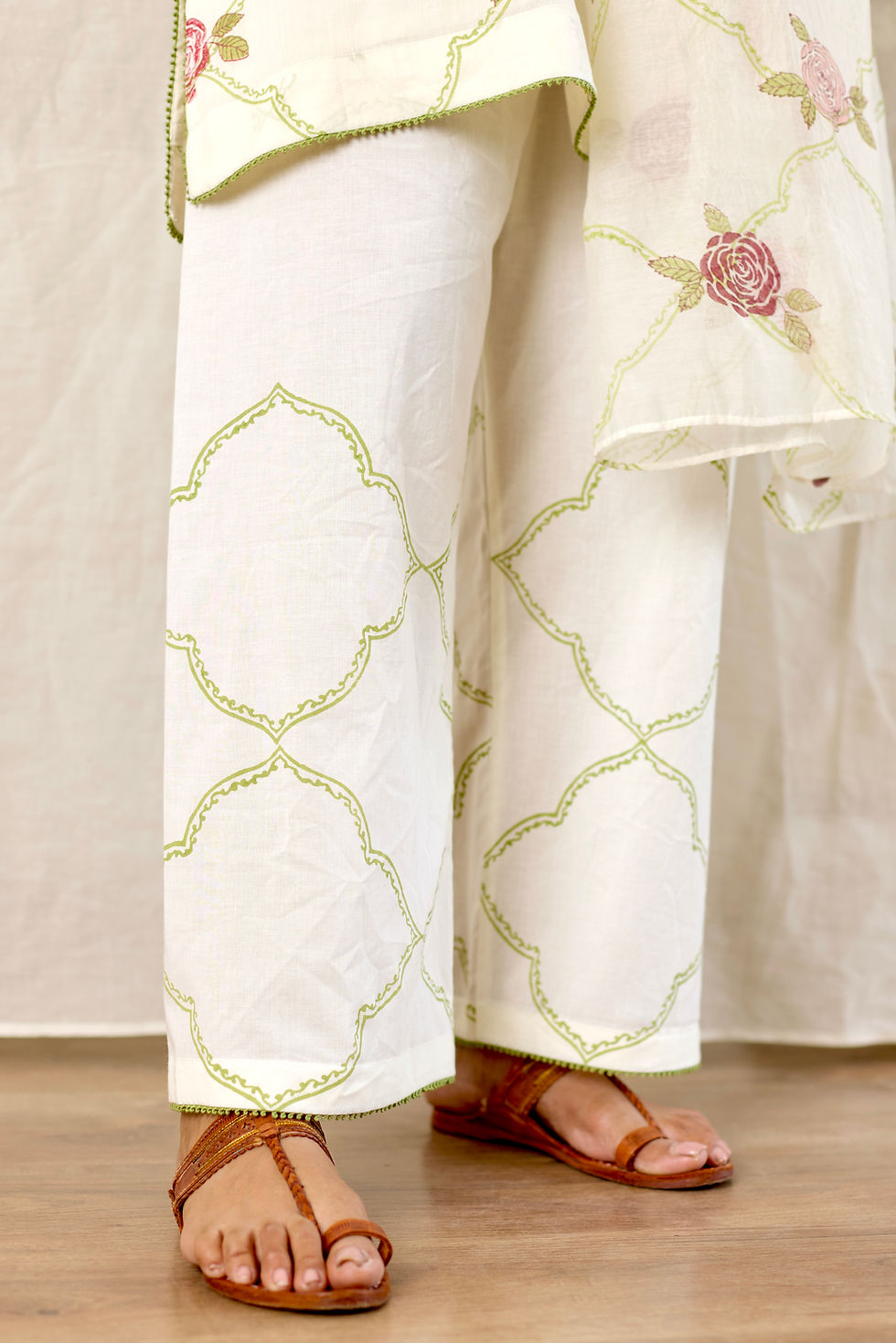 Thumbnail: Gul Jaal Ivory-Pink Hand Block Printed Mulmul Short Kurta Set