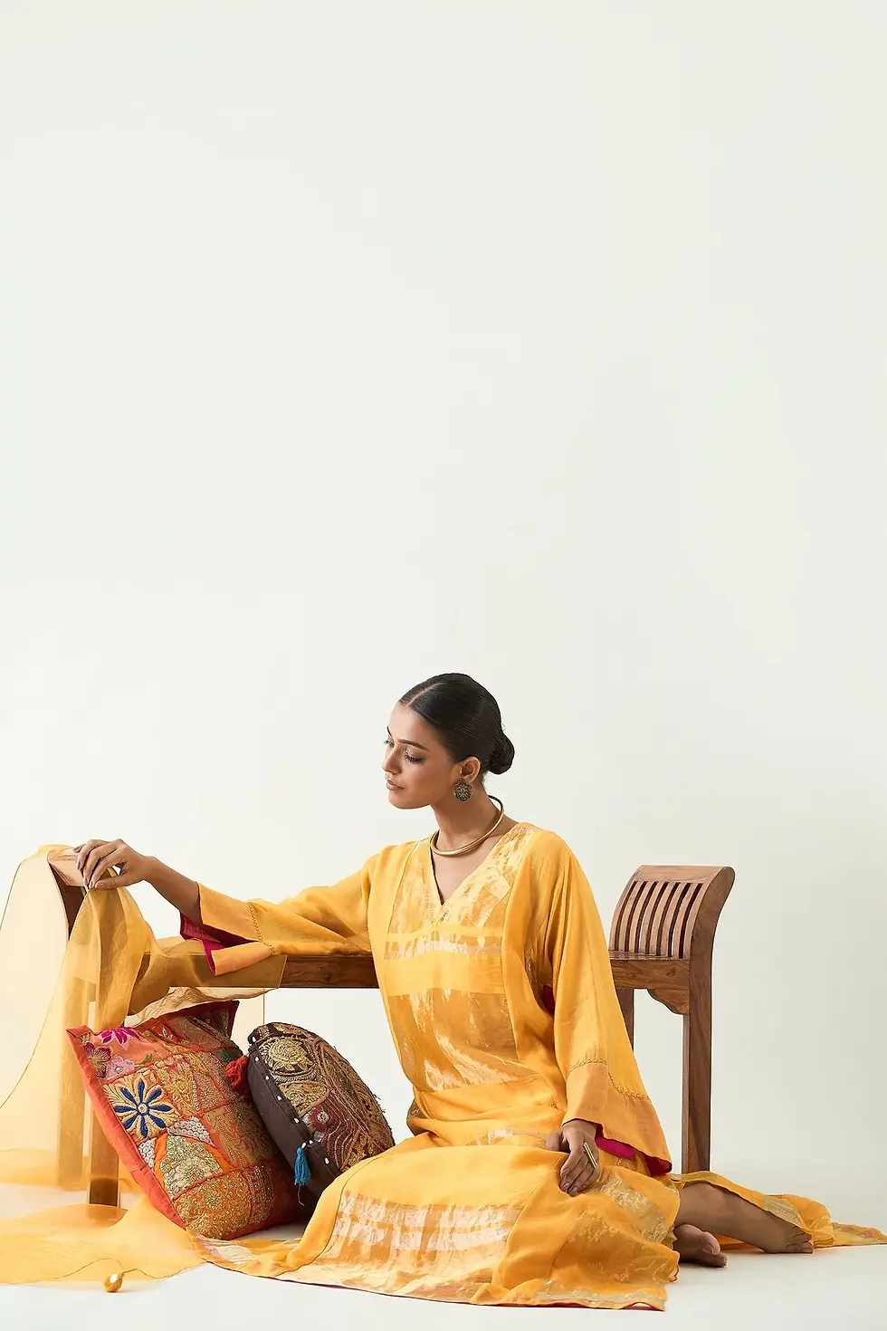 Thumbnail: Mira Silk Stripe Tissue Choga Set- Mango