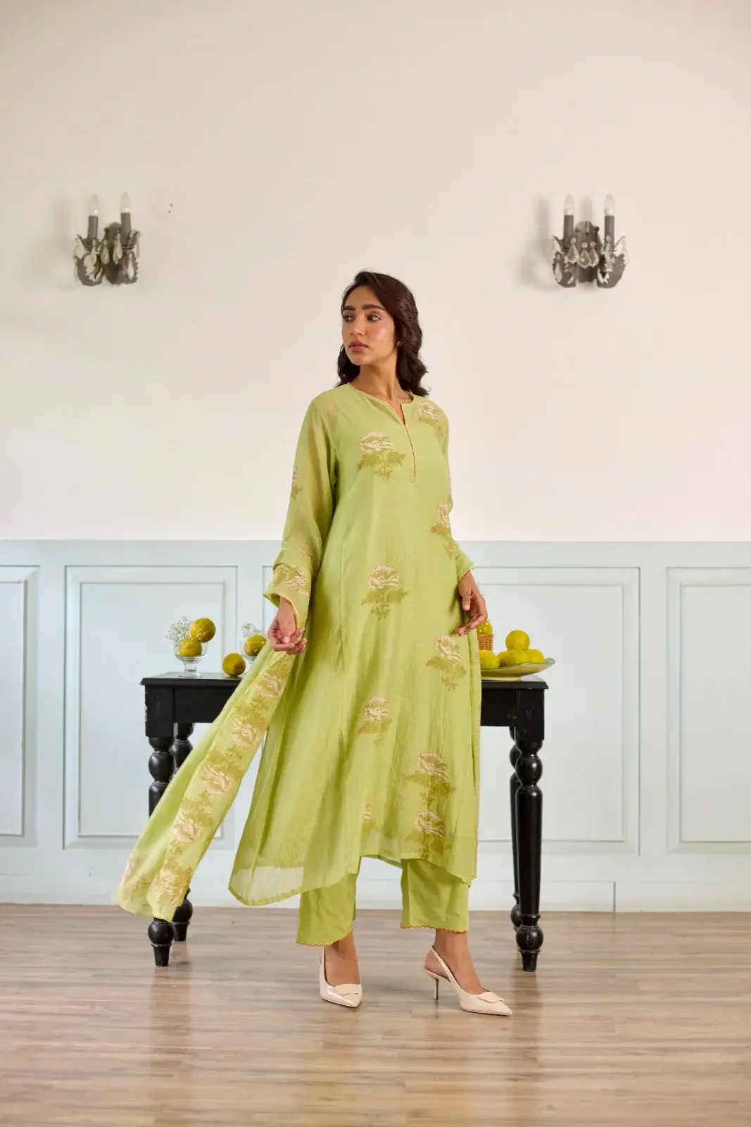 Gulbagh Lemon Green Hand Block Printed Chanderi Kurta Set