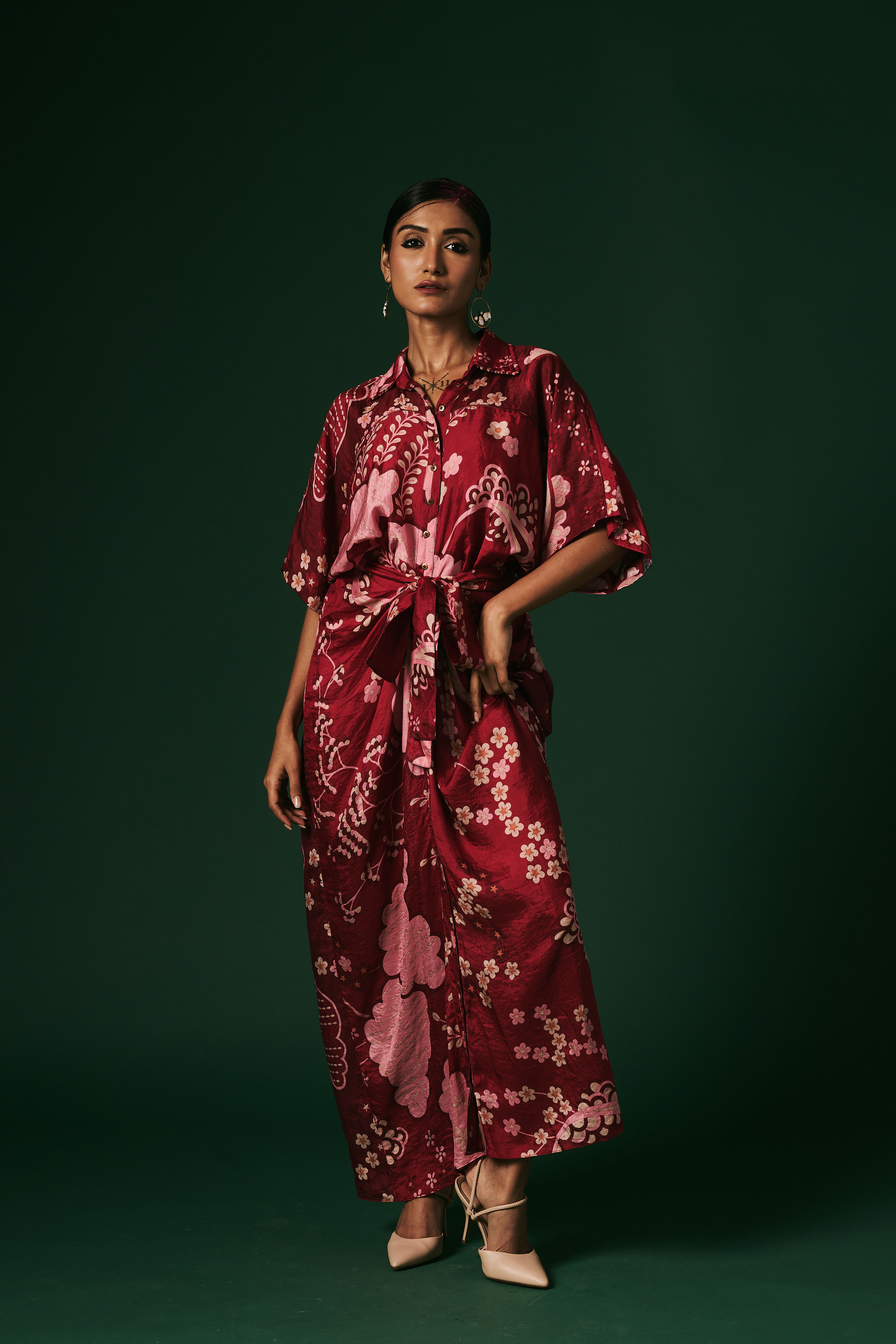 Deep red Azalea mulberry silk Draped dress