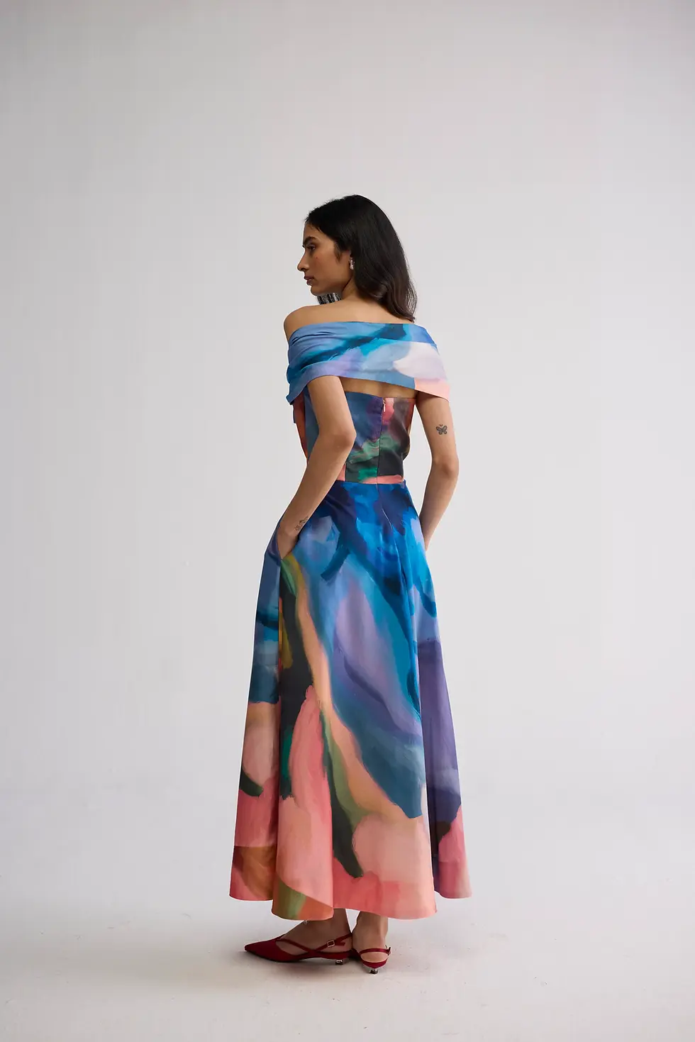 Thumbnail: Rainbow Garden Draped Off- Shoulder Dress