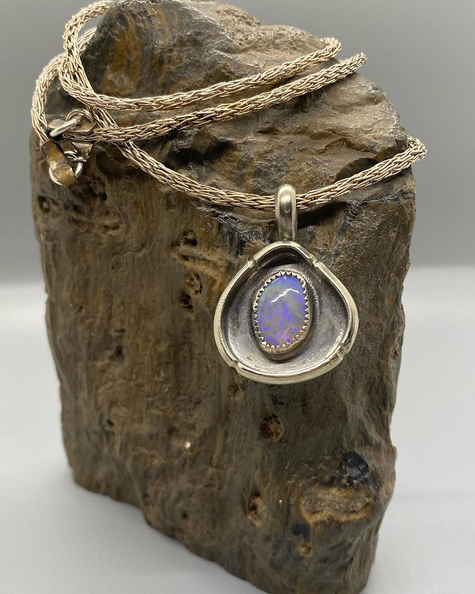 Sterling Silver Lighting Ridge Opal Pendant and Viking Weave Chain.