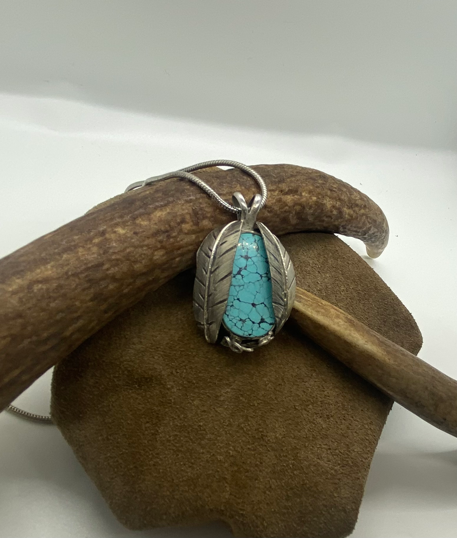 Sterling Silver Feather Turquoise (Cloud Mountain) Pendant