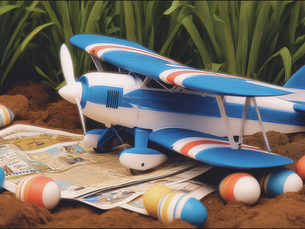 Toy biplane with blue and white stripes on soil, surrounded by colorful eggs. Comic book pages beneath, green plants as backdrop.