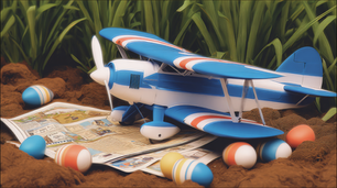 Toy biplane with blue and white stripes on soil, surrounded by colorful eggs. Comic book pages beneath, green plants as backdrop.