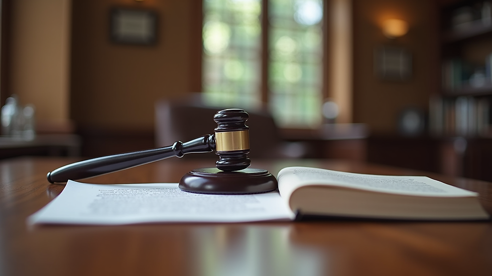 Eye-level view of a law office desk with legal books and a gavel