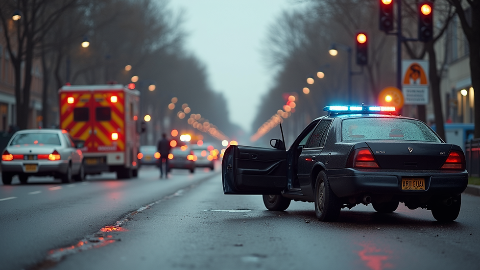 Eye-level view of a car accident scene with police and emergency responders