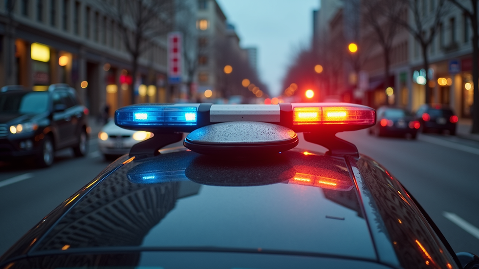 Eye-level view of a police car with flashing lights on a city street