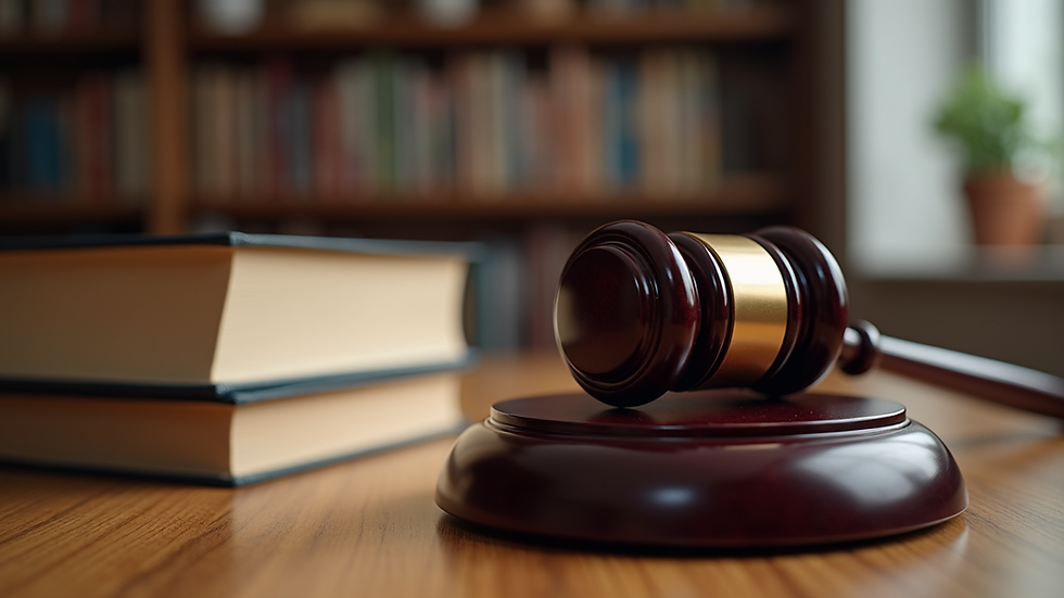 Close-up view of legal books and a gavel on a wooden desk