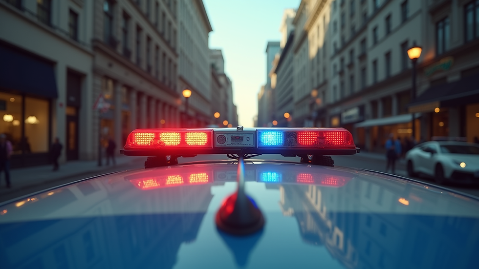 Eye-level view of a police car with flashing lights on a city street