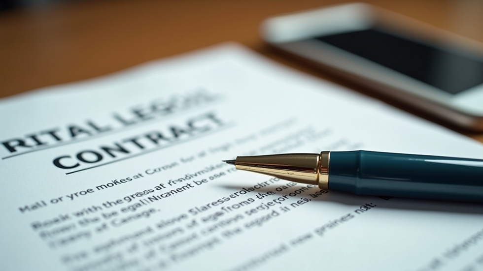 Close-up view of a legal contract and pen on a wooden desk
