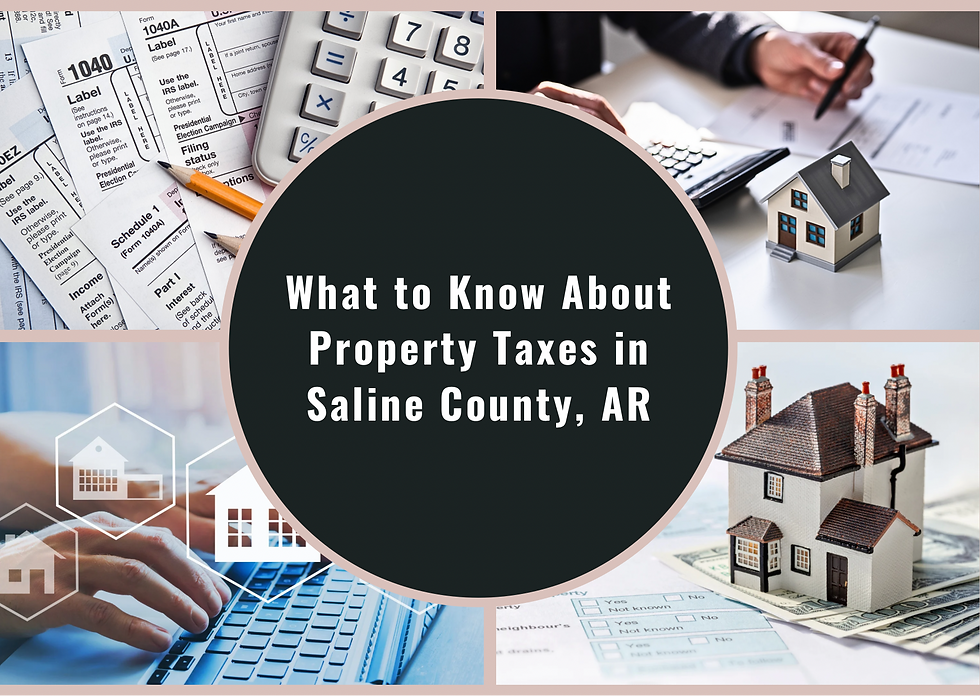 Collage of tax forms, calculator, house model, and hands typing. Text: "What to Know About Property Taxes in Saline County, AR."