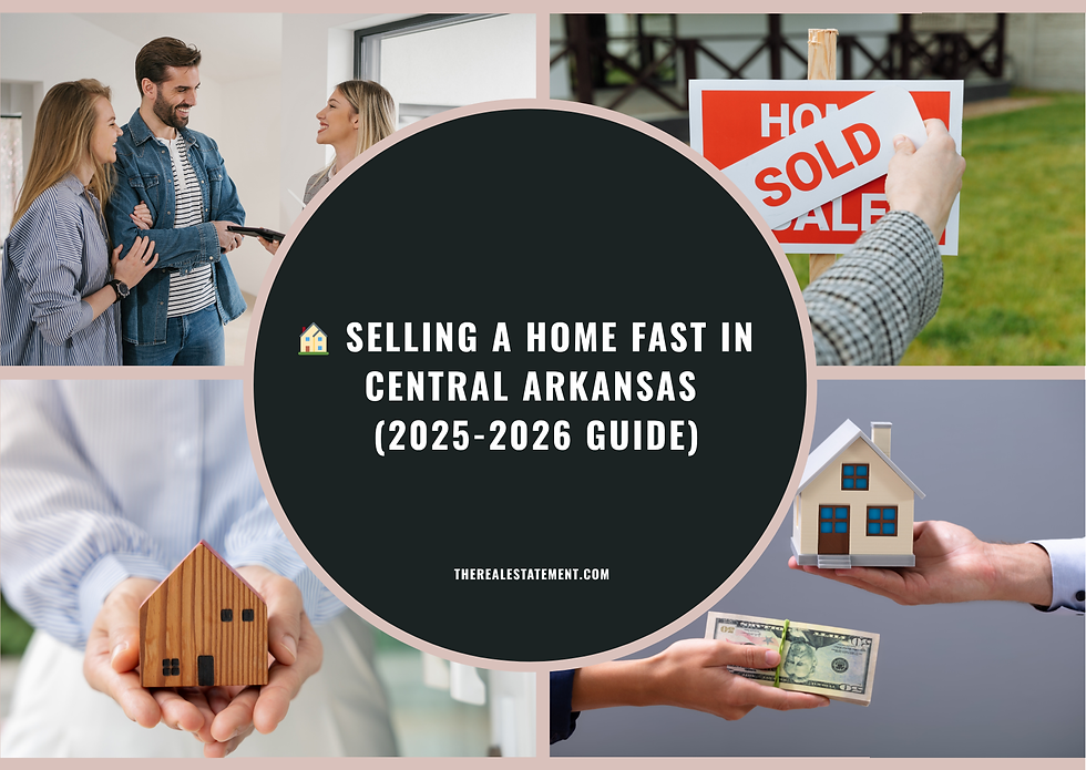 Collage showing people discussing real estate, a "Sold" sign, hands holding a house, and money. Text: Selling a Home Fast in Central Arkansas.