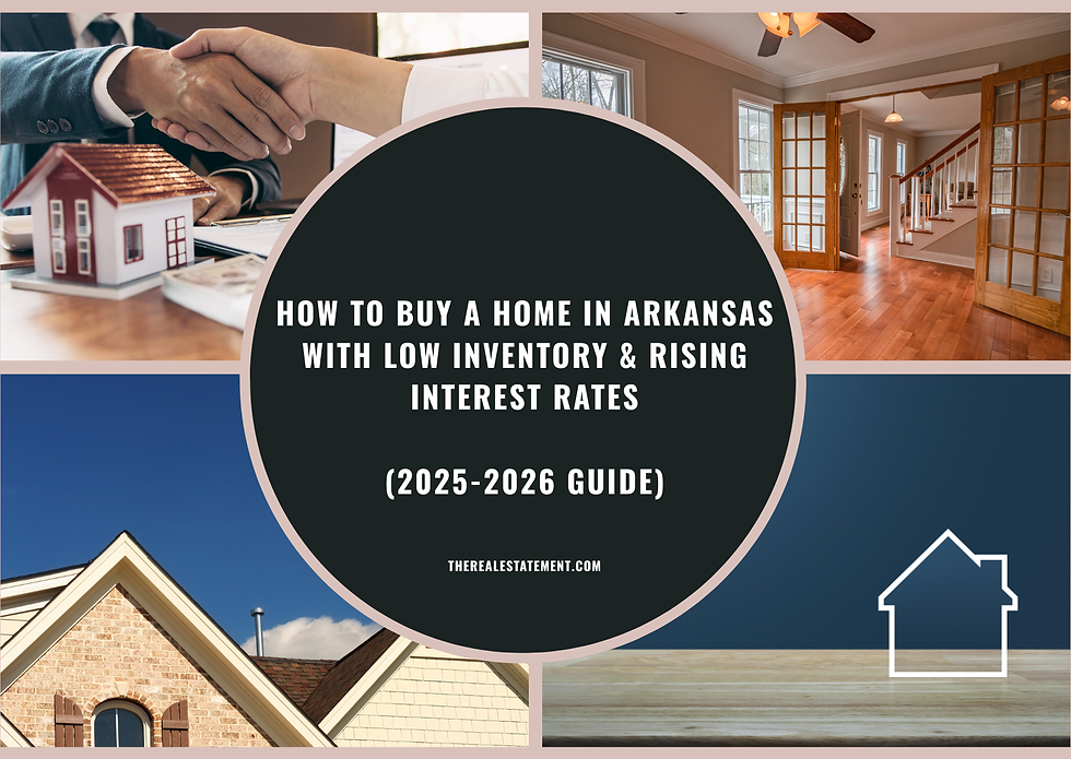 Handshake over a desk with a small house model. Text: "How to buy a home in Arkansas" guide, and home interior/exterior images.