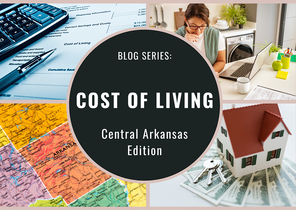 Cost of Living blog cover shows a calculator, a woman at a laptop, a map of Arkansas, and a model house on money. Central Arkansas Edition.