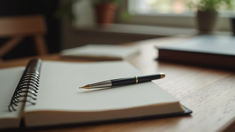 Close-up of a journal and pen on a wooden table, ready for reflection