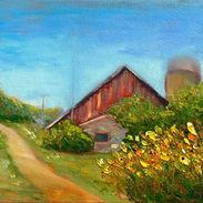 Original oil landscape painting capturing a weathered red barn and stone outbuilding tucked behind thick green bushes and vibrant, textured yellow wildflowers along a winding dirt path.