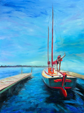 Original oil painting on canvas by Kinga E. Vnuk inspired by the sailboat moored at Ephraim Marina in Door County, Wisconsin.