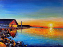 Original oil painting on canvas by Kinga E. Vnuk inspired by the sunset at Anderson Dock in Ephraim in Door County, Wisconsin.