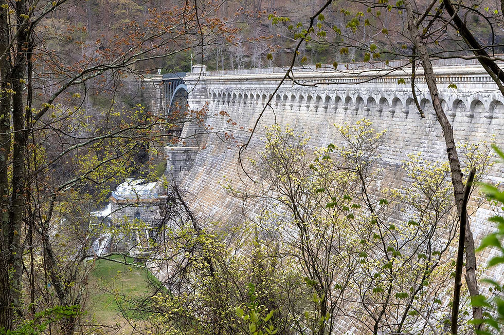 View of the New Croton Dam through a tree line.