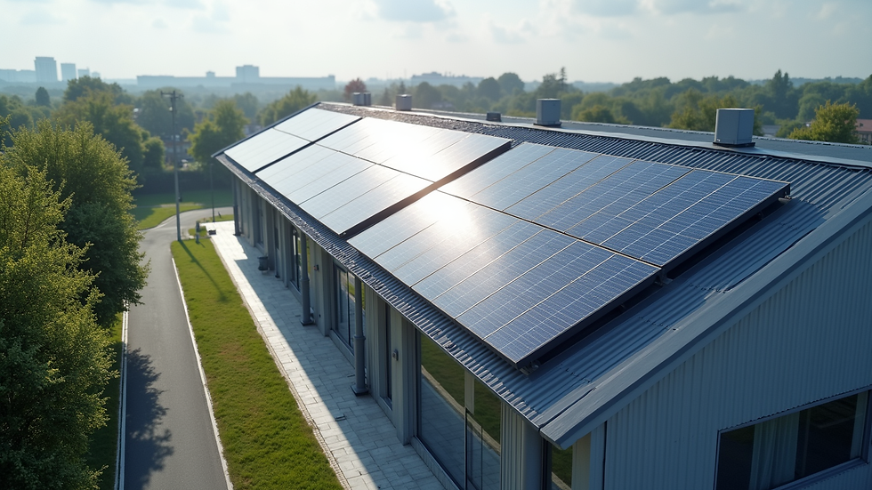 High angle view of a modern building with solar panels