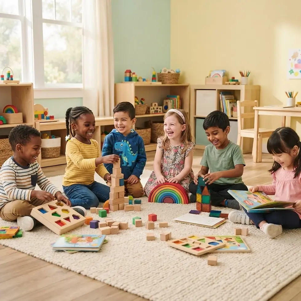 Lifestyle photography, a diverse group of young children cheerfully playing with wooden blocks and educational toys in a bright classroom. The scene is full of joy and collaborative learning.