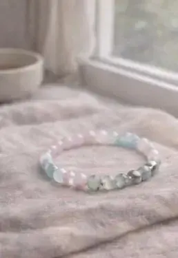 prehnite bracelet on natural rumpled linen by a window