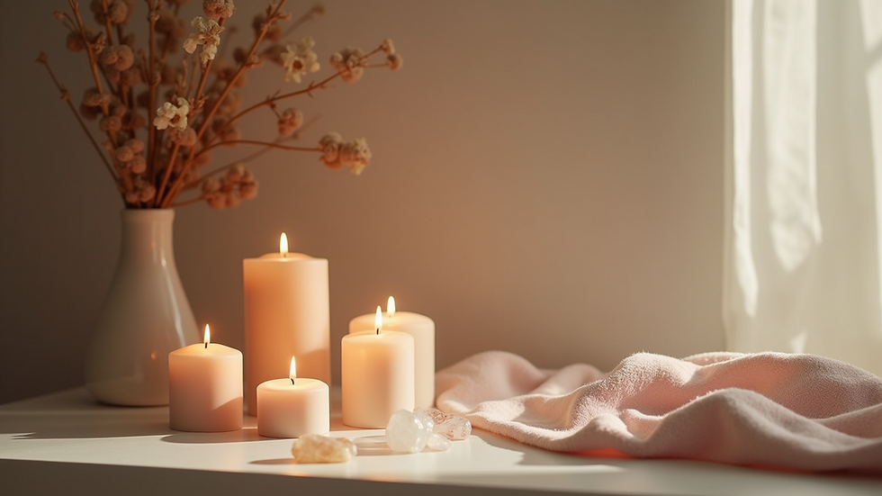 Wide angle view of a serene space with candles and crystals for energy clearing