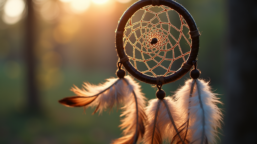 Close-up view of a mystical dreamcatcher hanging against a soft background